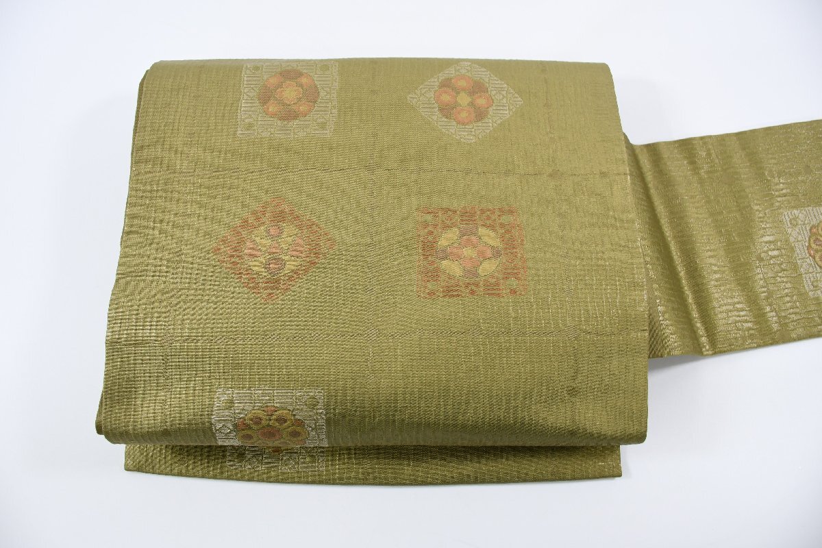 名古屋帯 緑 花 帯丈358cm ★着物屋 ne-10180 桜庭呉服店拍卖