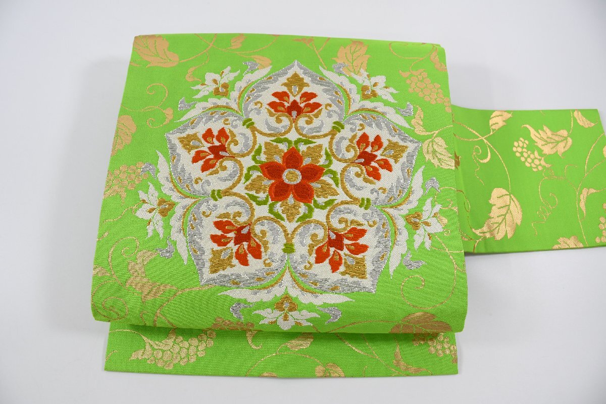 名古屋帯 更紗 黄緑色 花 帯丈370cm ★着物屋 ne-10282 桜庭呉服店拍卖