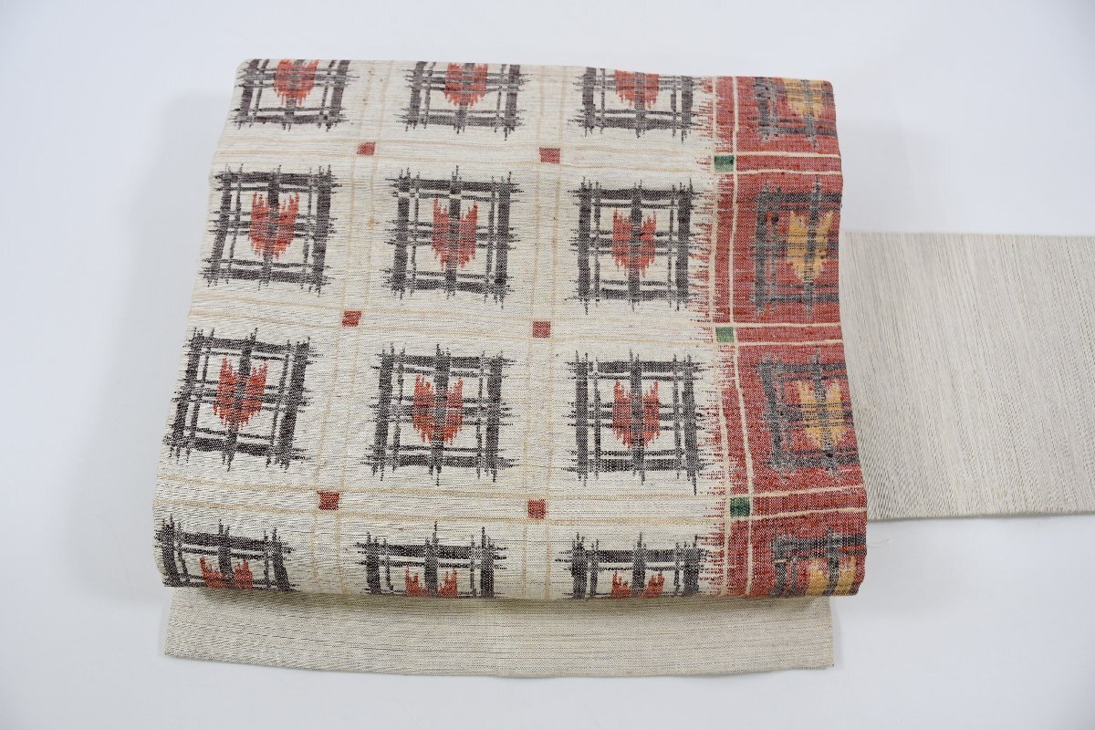 名古屋帯 紬地 幾何学模様 帯丈360cm ★着物屋 ne-10276 桜庭呉服店拍卖