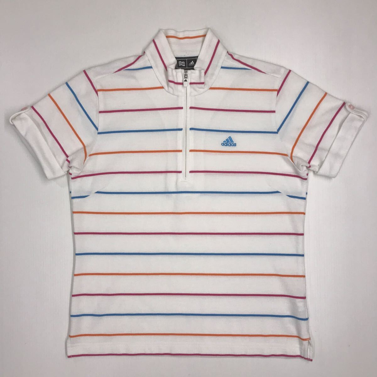 adidas アディダス 半袖ポロシャツ ハーフジップ ゴルフ ボーダー柄 GOLF テーラーメイド レディース Mサイズ 35-135a拍卖