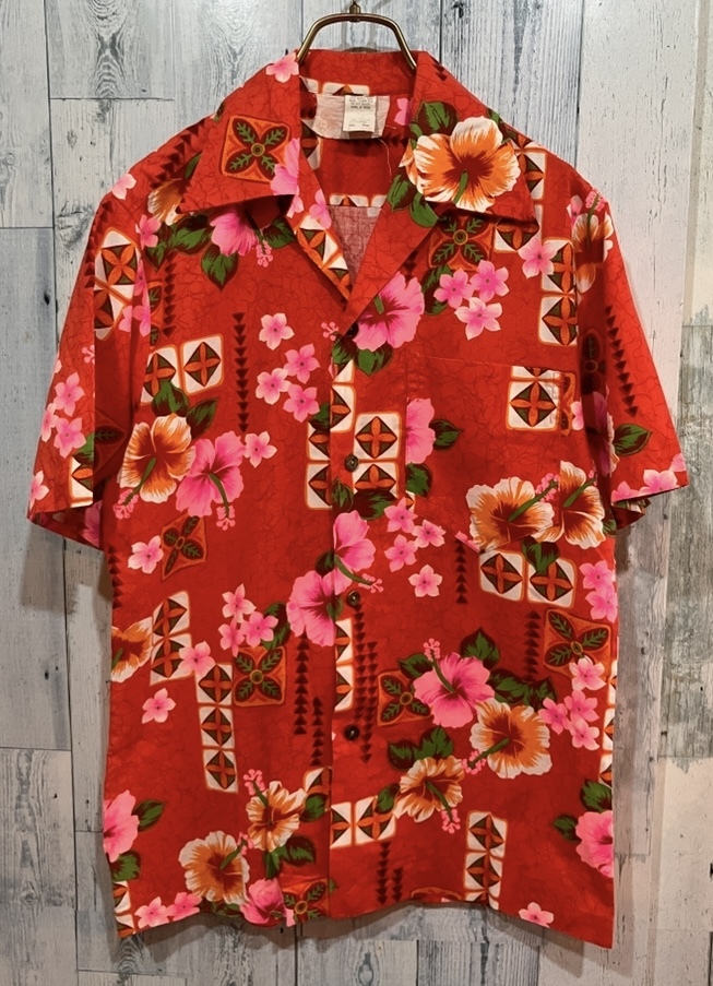USAビンテージ コットン ハワイアンシャツ アロハ 赤 ピンク系 S 70s 80s拍卖