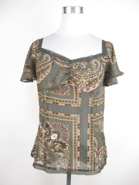 大SALE 組曲 KUMIKYOKU ブラウス カットソー シースルー 半袖 総柄 2 カーキ C437拍卖