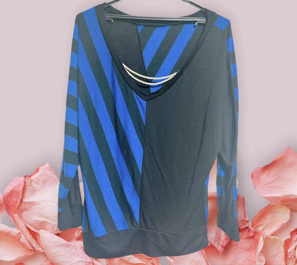 パールチャーム付きロイヤルブルー×ブラックカットソー♪~L~拍卖