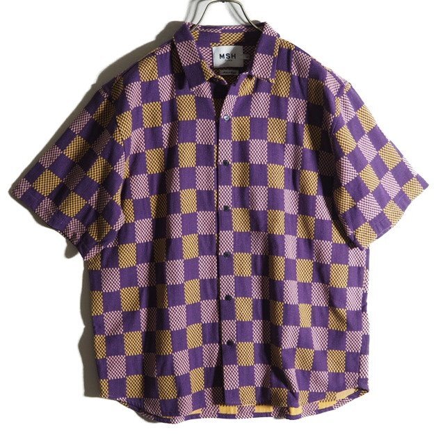 B8828z6 ■MSH PARIS エムエスアッシュ■ 新品 African JQ SH コットン ジャガード 半袖 シャツ パープル L / ブロックチェック 春夏拍卖