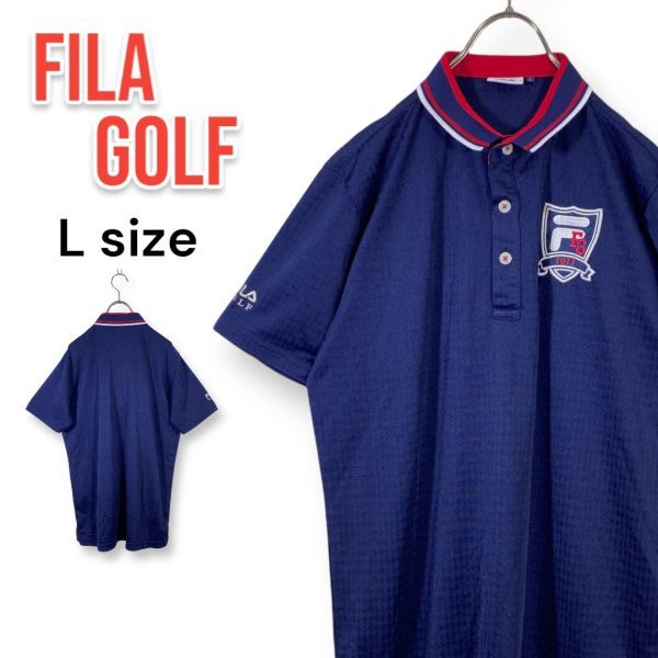 FILA GOLF フィラ ゴルフ 速乾性 半袖 ポロシャツ 総柄 刺繍 ネイビー Lサイズ メンズ ゴルフウェア拍卖