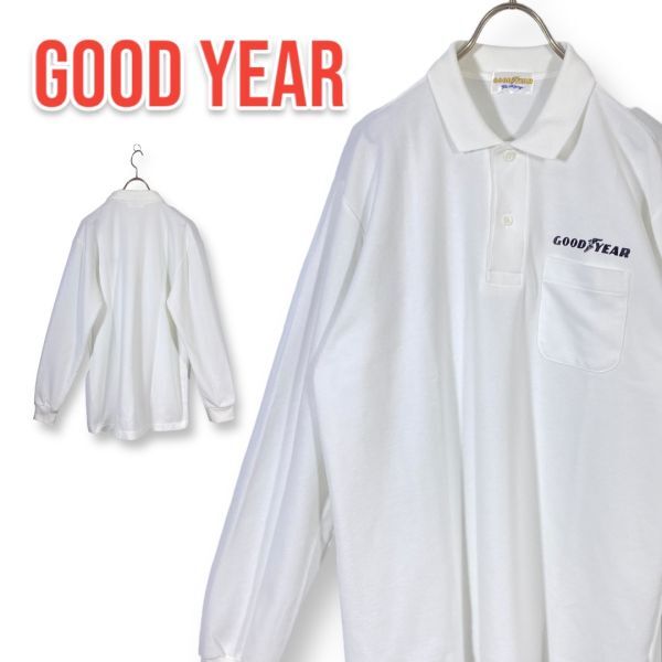 【レア】90s ビンテージ GOOD YEAR グッドイヤー Racing グッドイヤー レーシング 長袖ポロシャツ ポケット 白 匿名配送拍卖