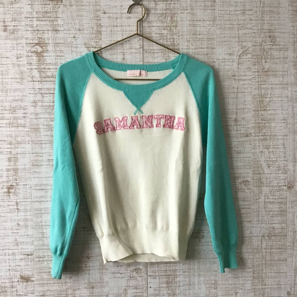 A551◇Samantha Thavasa|サマンサタバサ ニット グリーン×アイボリー サイズS拍卖