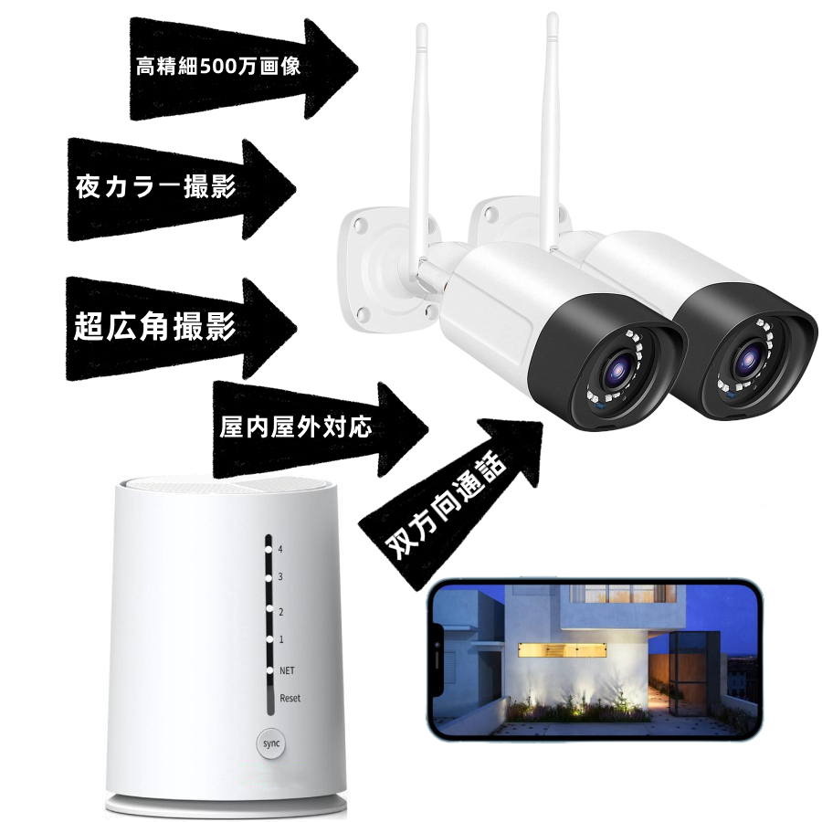 防犯カメラ 屋外 セット 家庭用 ワイヤレス wifi カメラ2台 無線 双方向音声 夜間カラー撮影 スマホ遠隔監視 SDカード録画 録画機付き拍卖