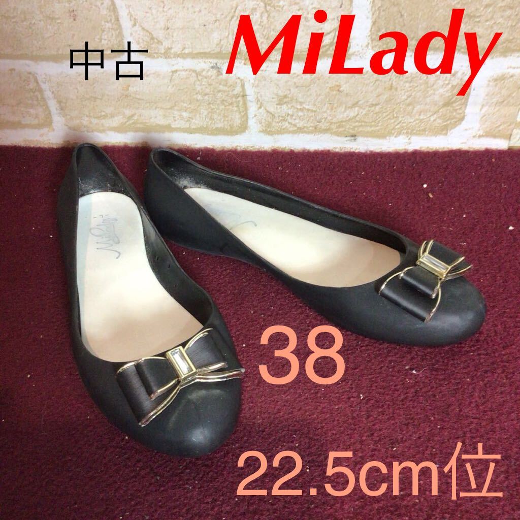 【売り切り!送料無料!】A-363 MiLady!レインパンプス!22.5cm位!黒!ブラック!リボン!おしゃれ!かわいい!中古!拍卖
