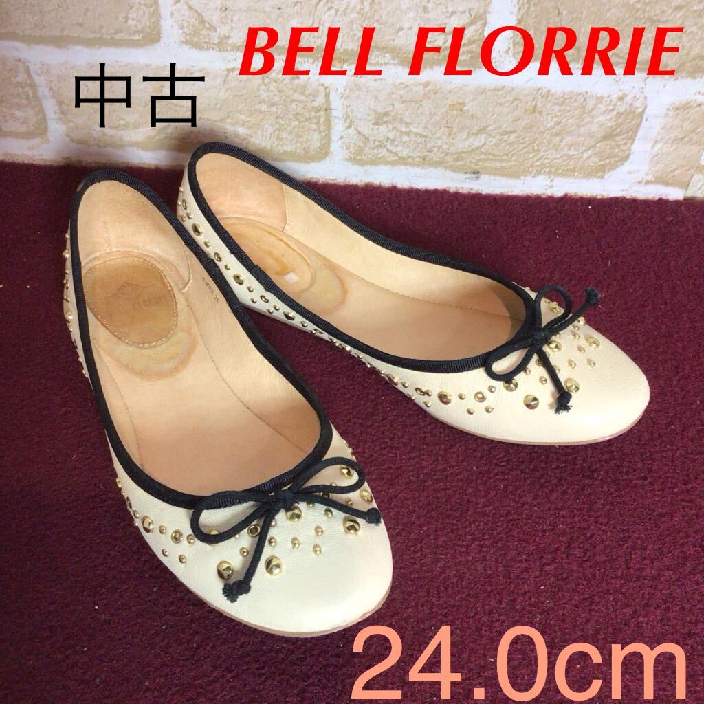 【売り切り!送料無料!】A-369 BELL FLORRIE!バレエシューズ!24.0cm!ベージュ!クリーム!リボン!スタッズ!ゴールド!天然皮革!中古!拍卖