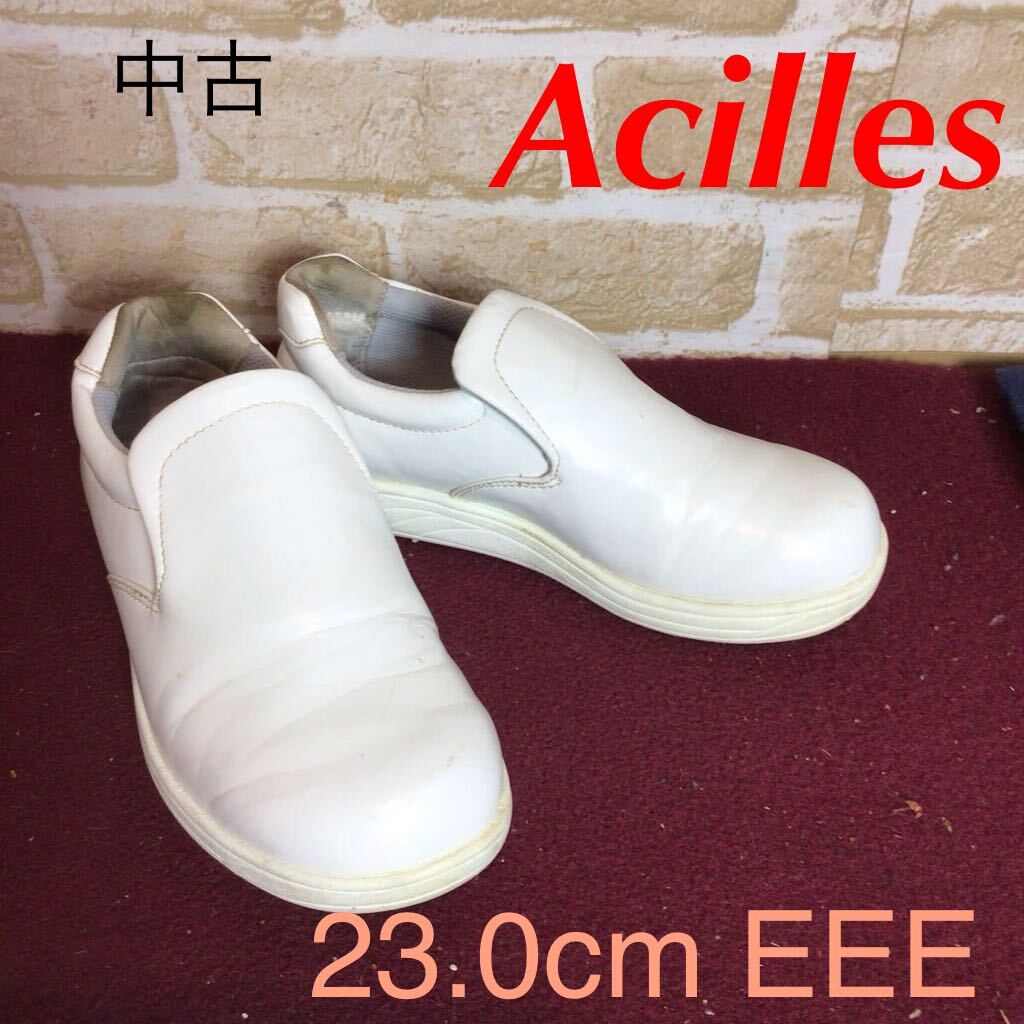 【売り切り!送料無料!】A-373 Achilles! oil resistant!コックシューズ!白!!ホワイト!23.0cm EEE!仕事!厨房!給食室!キッチン!バイト!中古!拍卖