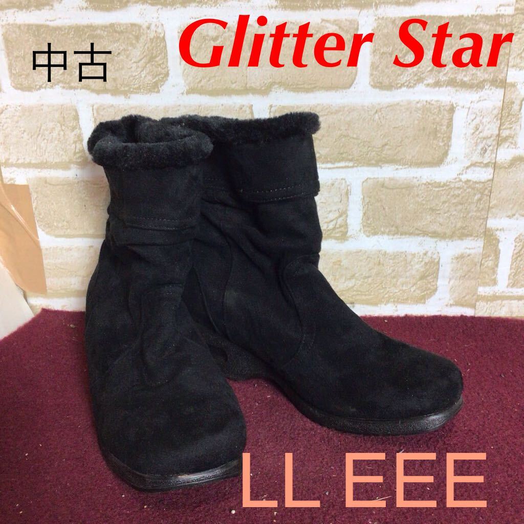 【売り切り!送料無料!】A-375 Glitter Star!スエードブーツ!ブラック!黒!LL EEE!25.0cm位!ウェッジソール!裏ボアショートブーツ!中古!拍卖