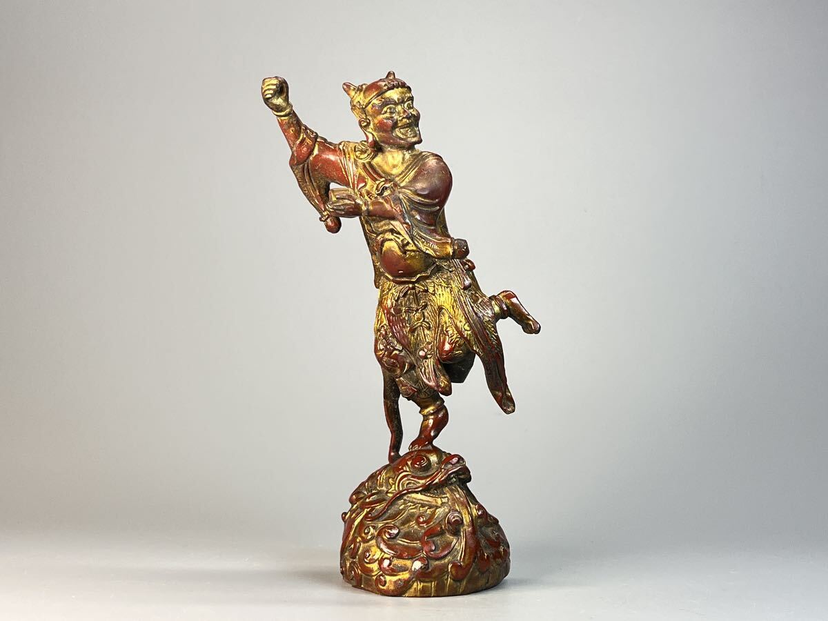 時代物 銅胎 漆器 朱漆金箔 魁星点斗 独立鰲頭(学業有成)置物 希少 中国 金運 お守り拍卖