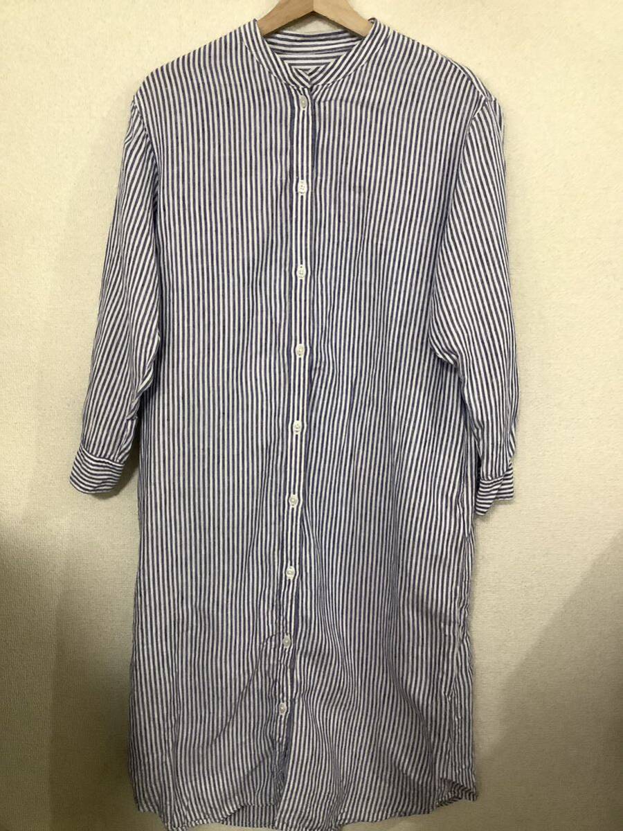 MUJI 無印良品 スタンドカラー リネン ストライプ柄 長袖ワンピース シャツワンピース ブルー セレクト レディース拍卖