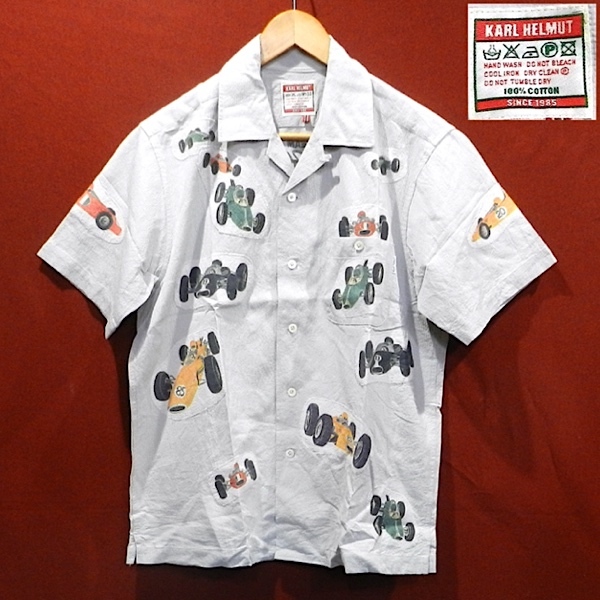 新品 KARL HELMUT カールヘルム クラシック レーシングカー パッチ 総柄 半袖シャツ 開襟シャツ レーシングシャツ グレー M 未使用拍卖