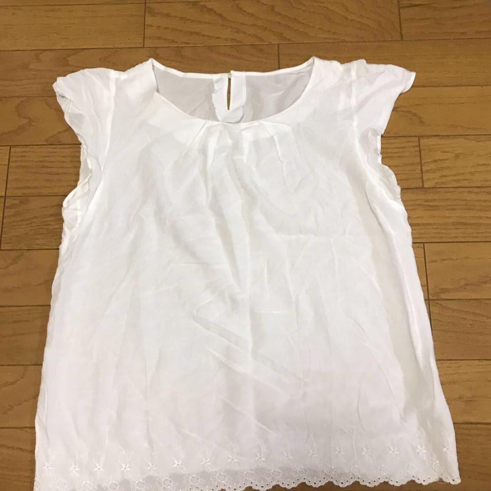 index インデックス ホワイト レーヨン フリル袖 カットソー 裾刺繍 サイズL ワールド拍卖