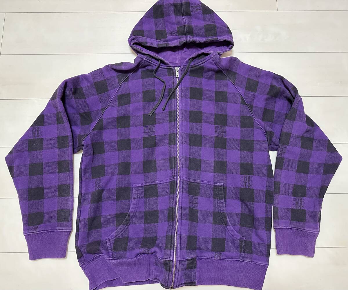 送料無料 ステューシー ブロックチェック パーカー 紫×黒 XLサイズ 中古 STUSSY 古着 ボロ フーディ拍卖