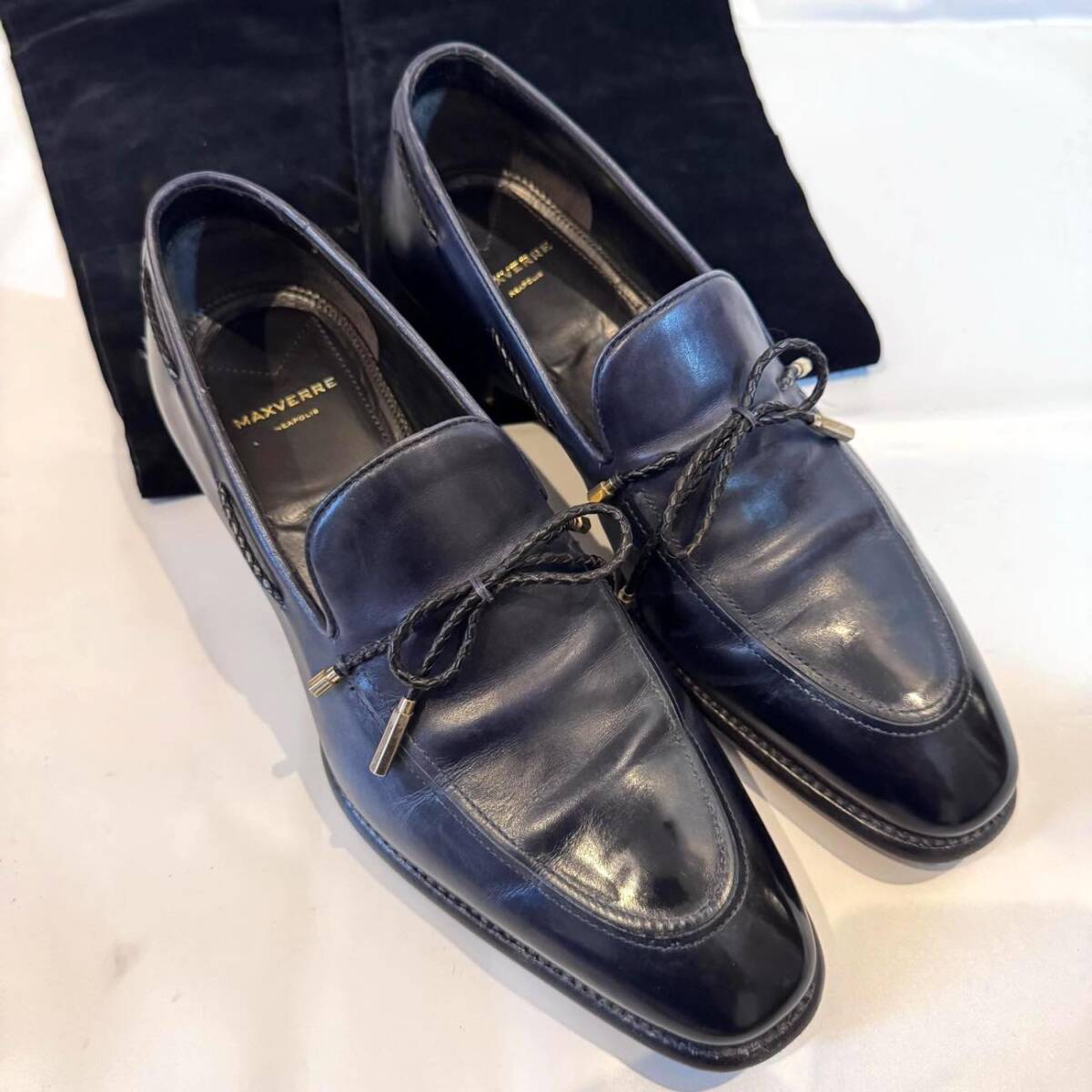 MAXVERRE マックスヴェッレ レザーリボンローファー UK7.0(25.5cm) 41 レザーシューズ 革靴 メンズ 男性用 スリッポン ムラ染め ネイビー拍卖