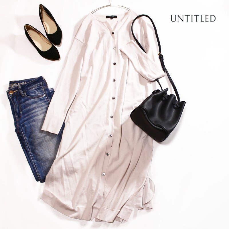 アンタイトル UNTITLED 株)ワールド ロング丈 透け シフォン切替 サマーニットカーディガン ロングカーディガン さらり 9号 ライトグレー拍卖