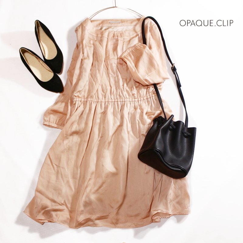美品 オペ―ク ドットクリップ OPAQUE.CLIP 株) ワールド きれい色 艶 とろみ シフォンワンピース ピンクベージュ 9号 38 ウエストゴム拍卖