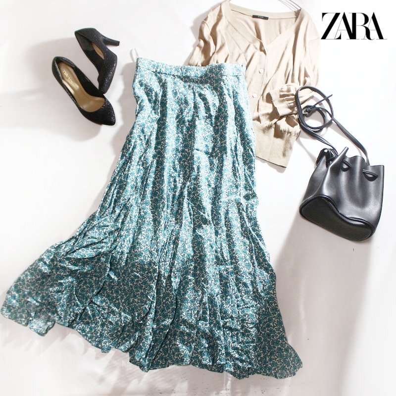 美品 ZARA ザラ 夏 きれい色 カーネーション フラワー プリント ロングスカート ロングフレアスカート マキシスカート S アクア 水色拍卖