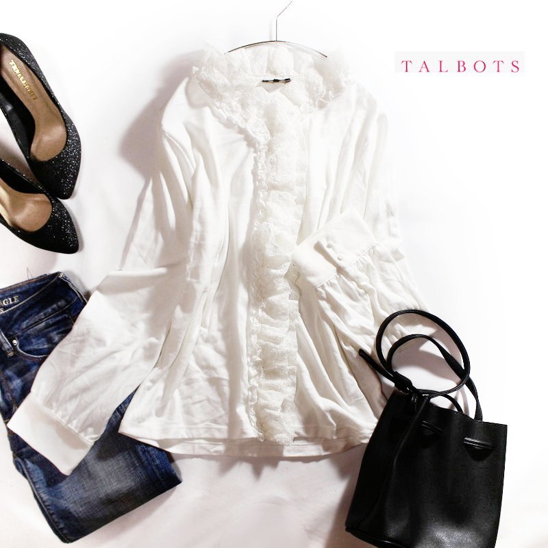 美品 タルボット TALBOTS 春 夏 綺麗め 刺繍 エンブロイダリー レース シフォン 長袖カットソー L ホワイト 白 シンプル 綺麗め拍卖