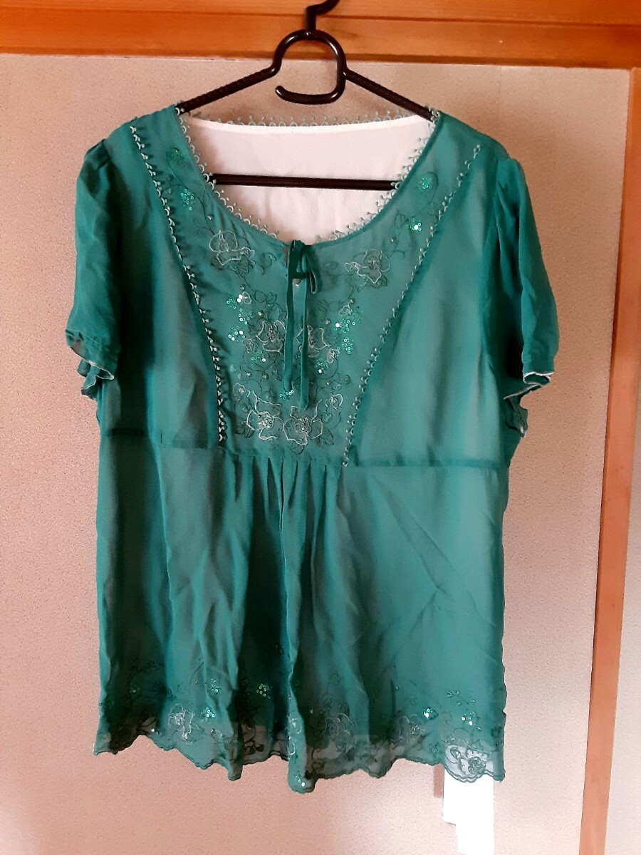 新品 タグ付き 大きいサイズ ブラウス トップス カットソー チュニック 半袖 XL LL 洋服 グリーン 緑 レディース 夏用 服 刺繍 リボン付き拍卖