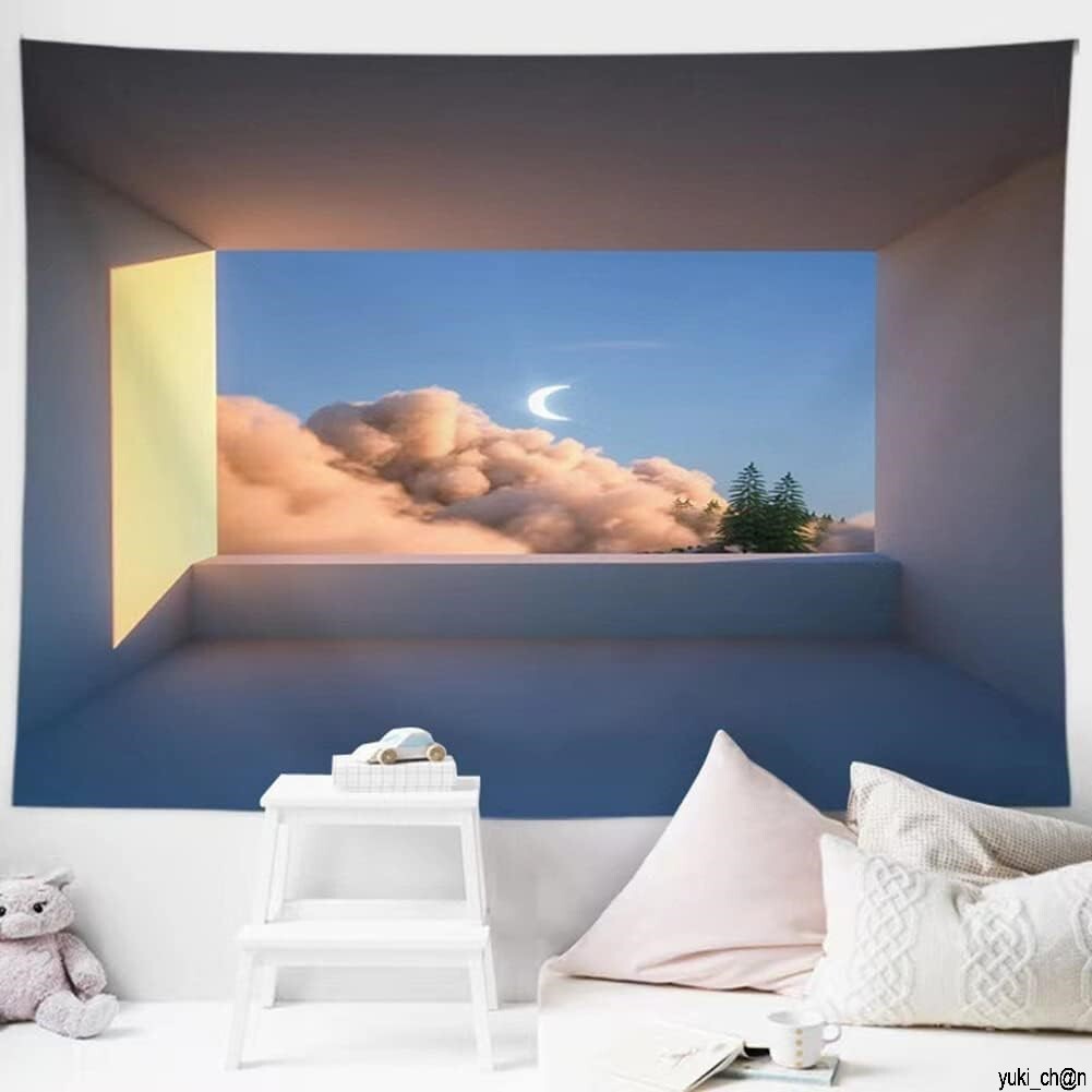 タペストリー 壁掛 ビーチ ツリー 自然風景 バルコニー 窓 月と雲 150 x 130cm ベッド テーブル ソファ 家具カバー 装飾拍卖