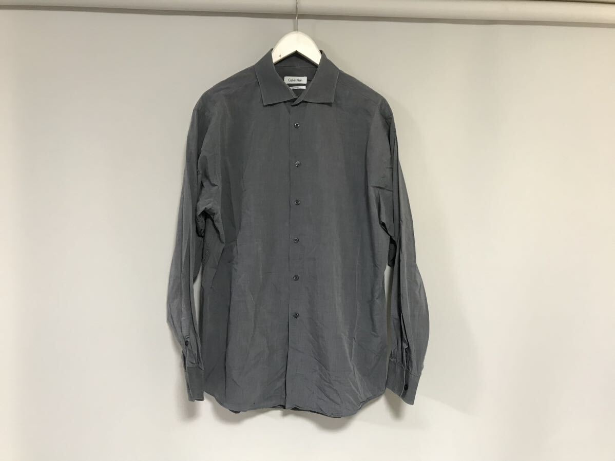 本物カルバンクラインCalvinKleinコットン長袖シャツサーフアメカジワークミリタリービジネススーツMグレー16 1/2拍卖