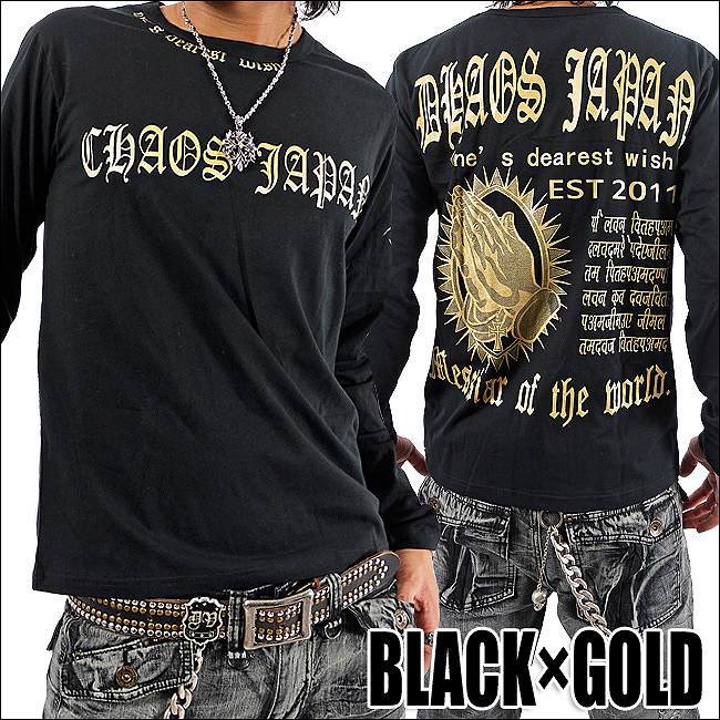 【Chaosthoery】プレイハンド英字プリント/ロンT【ブラック×ゴールド】ch-ry-1004新品M拍卖