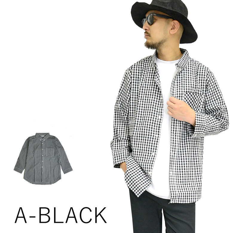 7分袖チェックシャツ チェック柄シャツ 15383 メンズ ビッグシルエット オーバーサイズ 新品 A-BLACK M拍卖
