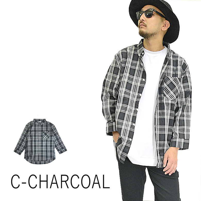7分袖チェックシャツ チェック柄シャツ 15383 メンズ ビッグシルエット オーバーサイズ 新品 C-CHACOAL L拍卖