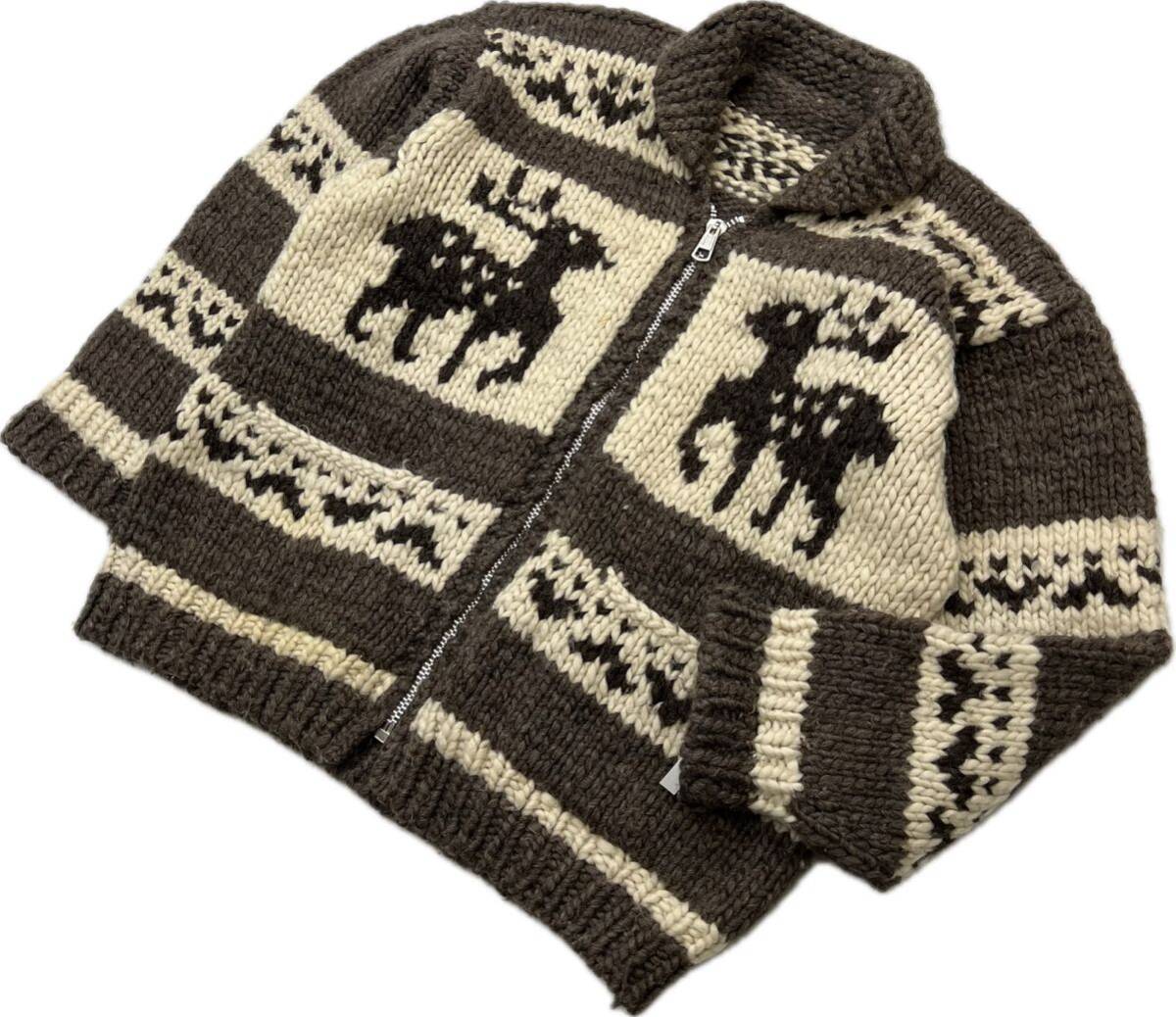 ビンテージ ☆ MITジップ トナカイ 鹿柄 ジップアップ カウチンセーター ジャケット ブラウン L相当 秋冬 王道 アメカジ 80s 古着■S3271拍卖