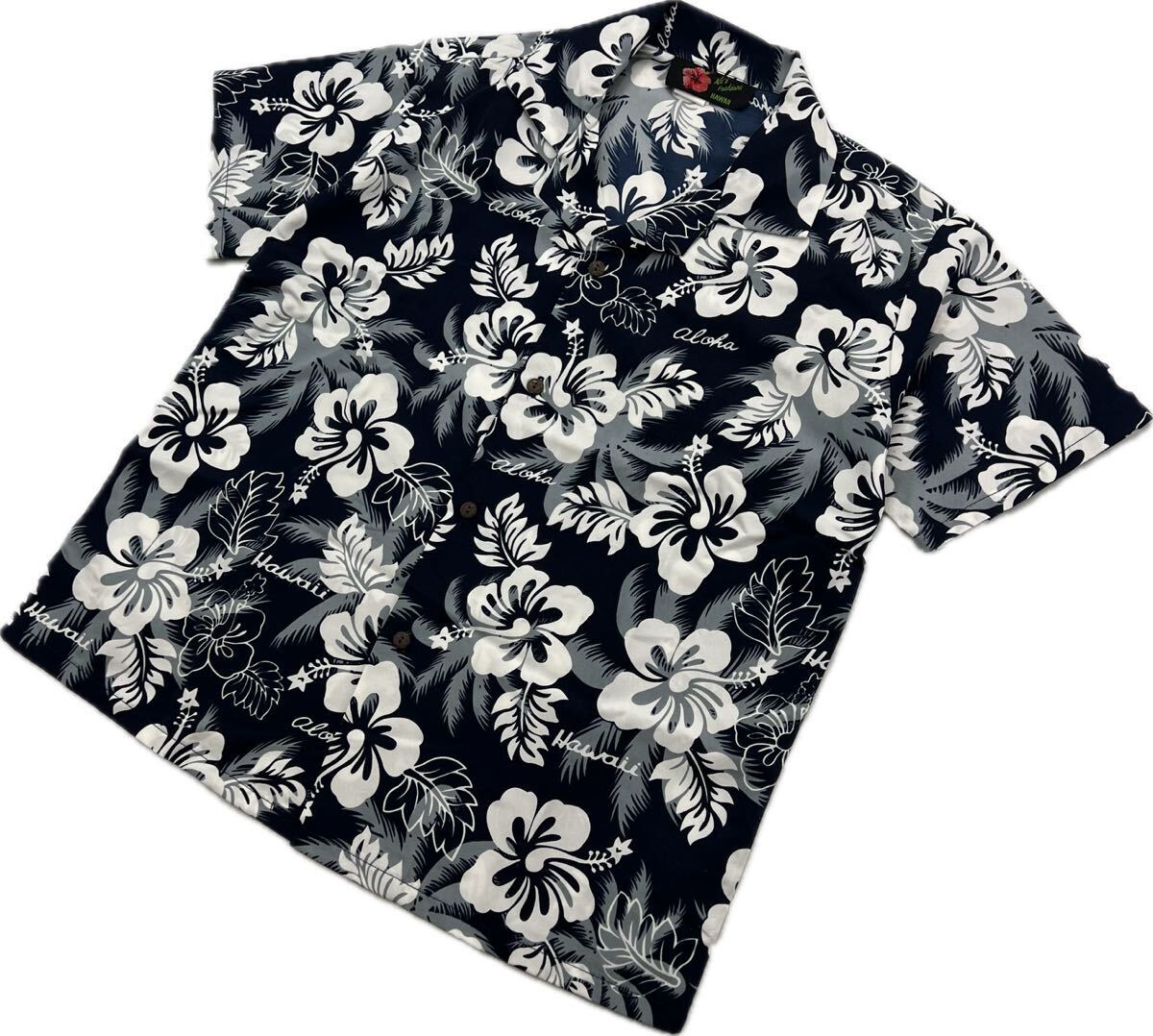 Hawaii ☆ ハワイ ハイビスカス 楽々◎ ポリ アロハシャツ ハワイアンシャツ ネイビー ホワイト L リゾート アメカジ 休日 旅行■BB275拍卖