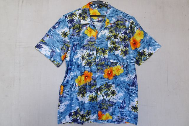 半袖アロハシャツ/オープンカラーシャツ/ハワイアン/ヤシの木/海/ハイビスカス/青/ブルー/Lサイズ(5/20R)拍卖