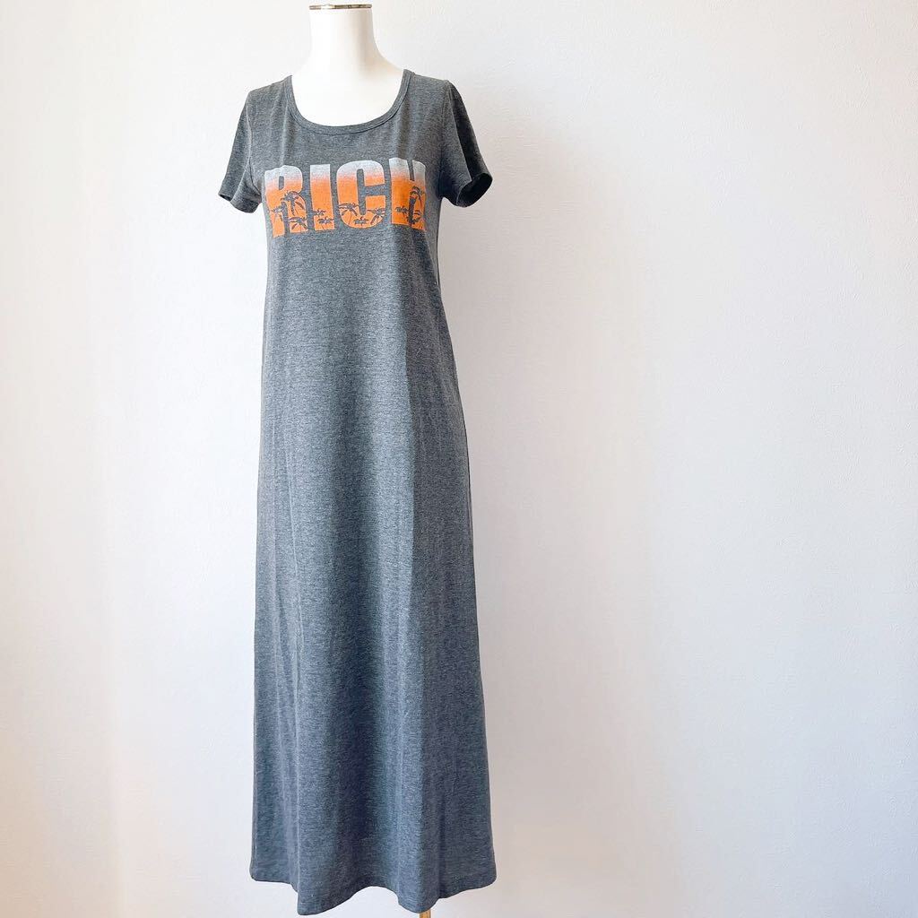 新品★リッチrich rithロング丈ワンピースTシャツ マキシ丈グレー半袖カットソー ワンピース オレンジ プリントMサイズ パームツリー ヤシ拍卖