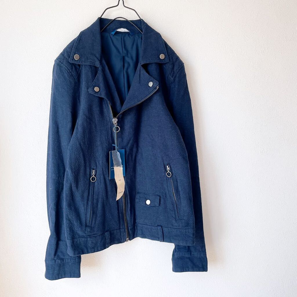 おしゃれ麻リネン混ZARA MANザラ マン ライダース ジャケット アウター ブルゾン青ブルー キルティングSサイズ ジップアップショートコート拍卖