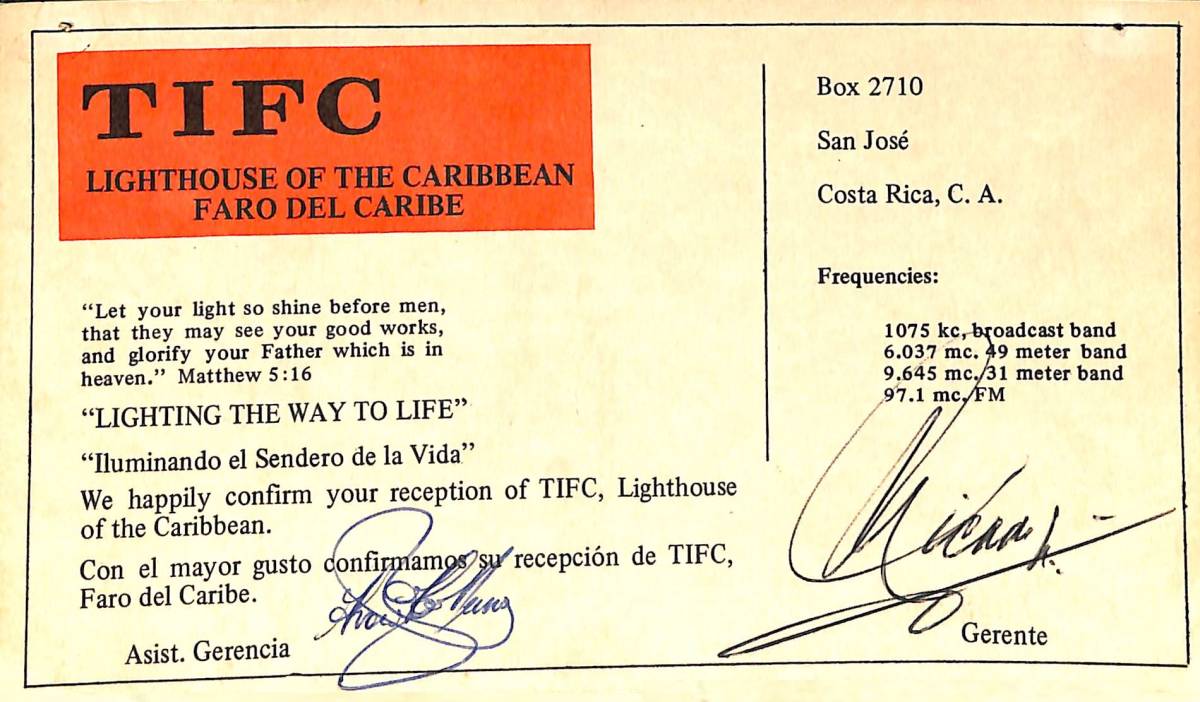 BCL★入手困難★希少ベリカード★TIFC★カリブの灯台放送★FARO DEL CARIBE★1971年拍卖