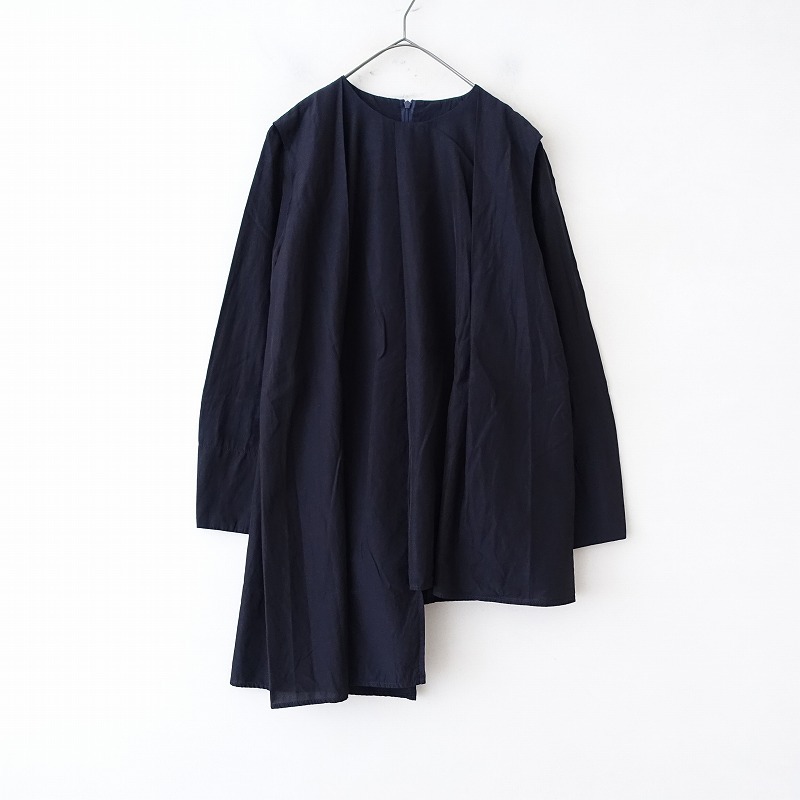 【染】エドウィナホール Edwina Horl *アシンメトリーチュニック*XS綿混ネイビー濃紺タックフレアブラウス(34-2404-17)【20E42】拍卖