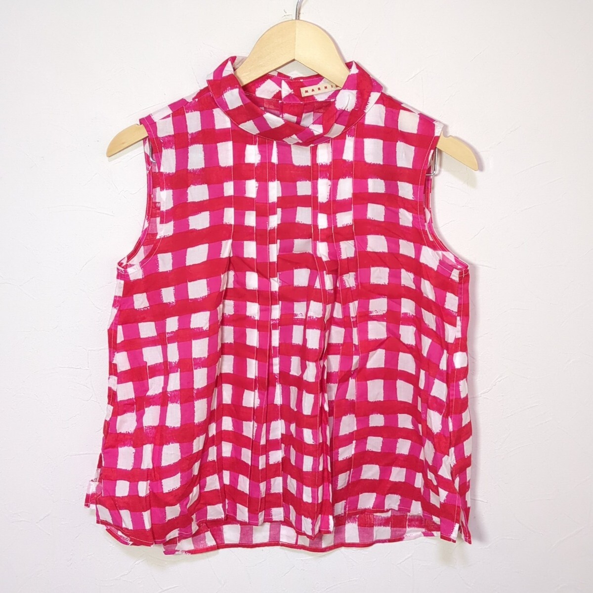 F130AL UNIQLO×MARNI ユニクロ×マルニ サイズS ノースリーブブラウス カットソー ノースリーブシャツ ピンク×レッド×ホワイト チェック拍卖