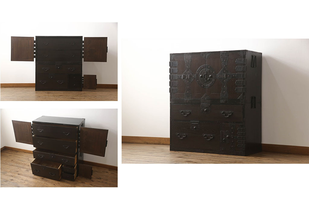 R-057112 和製アンティーク 前面ケヤキ(欅)材 重厚感あふれる観音開き時代箪笥(和箪笥、収納タンス、チェスト、引き出し)(R-057112)拍卖