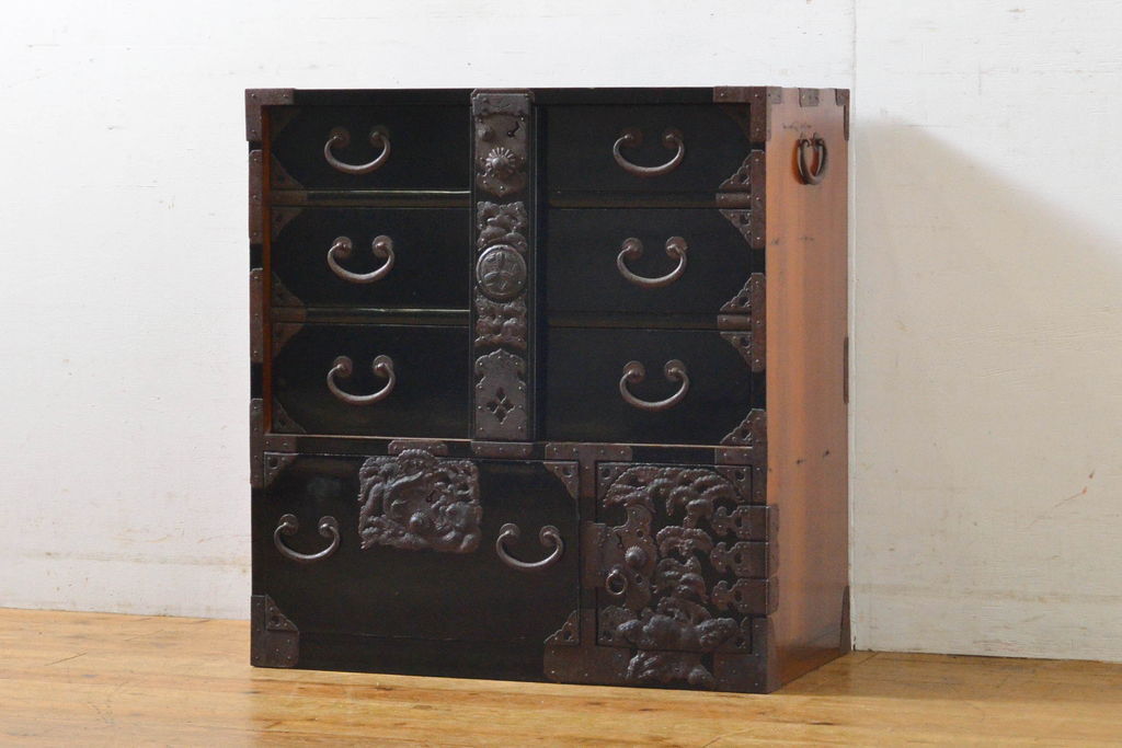 R-060722 和製アンティーク 超美品!! 明治大正期 打ち出し金具 庄内小箪笥(庄内箪笥、引き出し、サイドチェスト、収納箪笥)拍卖