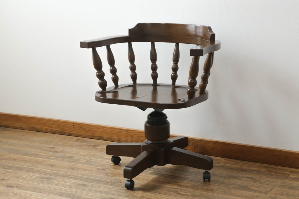 R-069824 中古 美品 伊勢丹百貨店取り扱い ナラ材 民芸家具 キャスター付き回転チェア(アームチェア、板座チェア、キャプテンチェア、椅子)拍卖