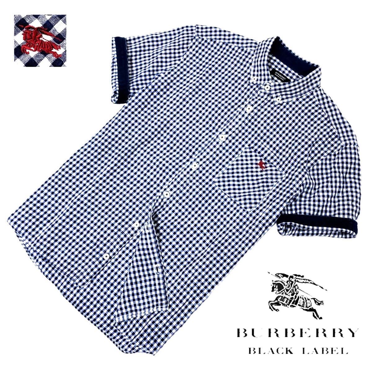 希少! 極美品 バーバリーブラックレーベル BIGホース刺繍 ギンガムチェック リネン ロールアップ 2WAY シャツ 2/M 紺 BURBERRY BLACK LABEL拍卖