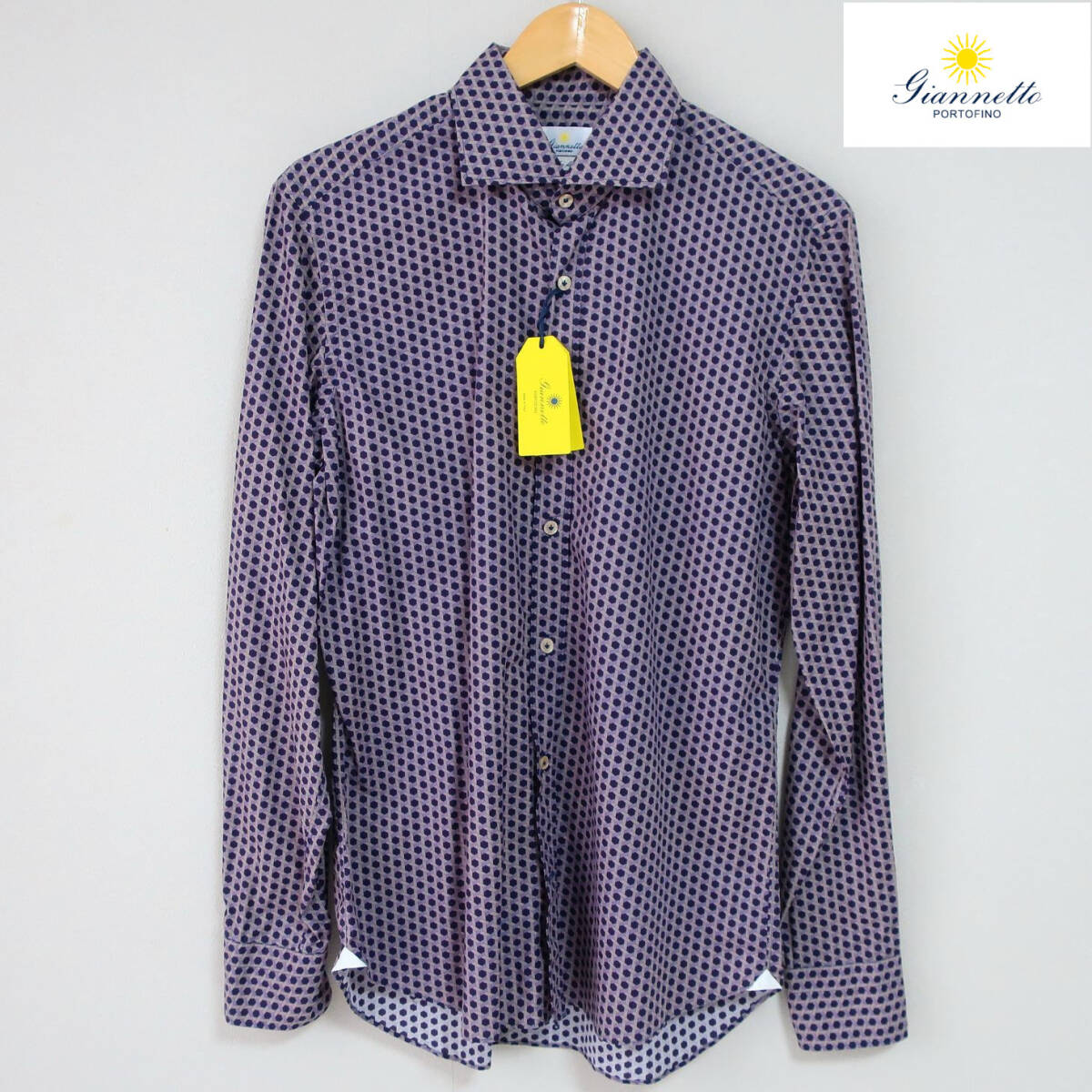 新品 未使用 GIANNETTO ジャンネット イタリア製 ドレスシャツ 総柄 長袖シャツ ドット チェック パープル 紫 メンズ 43 2XLサイズ 程度拍卖