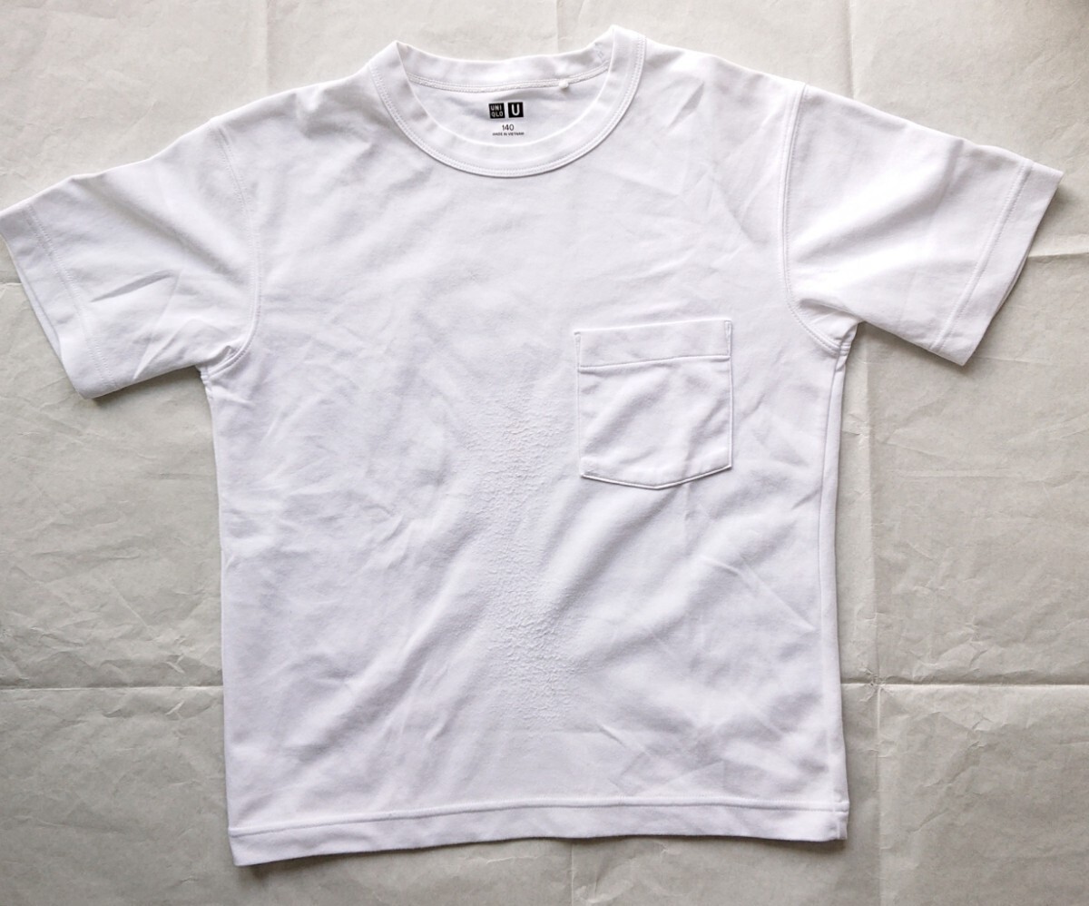 ★UNIQLO U ユニクロ 半袖 Tシャツ ホワイト 140 ポケットTシャツ 無地 クルーネック拍卖