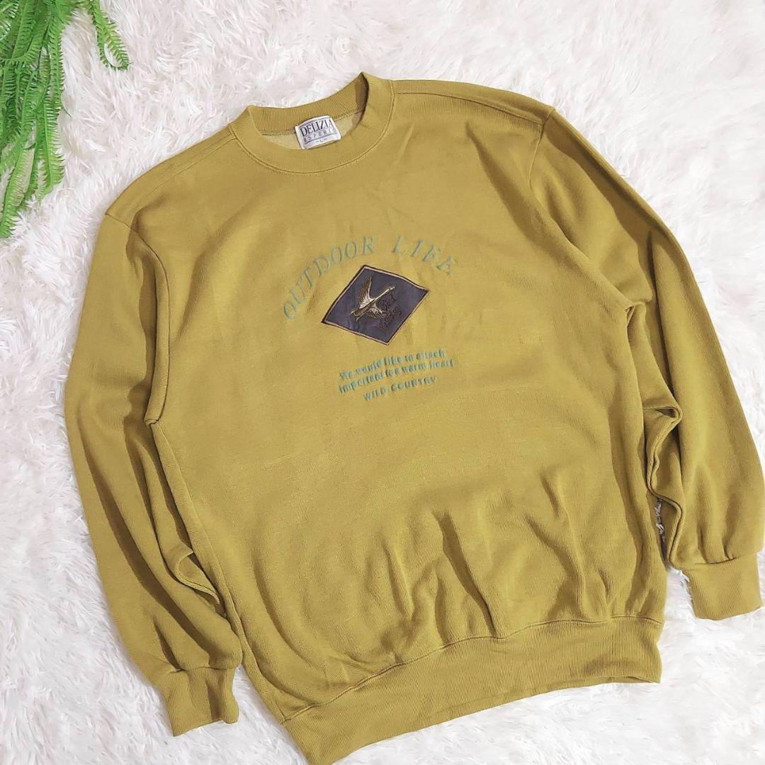 レトロ古着・バード刺繍ワッペン・スウェット・うぐいす色・鳥アウトドア 66839拍卖