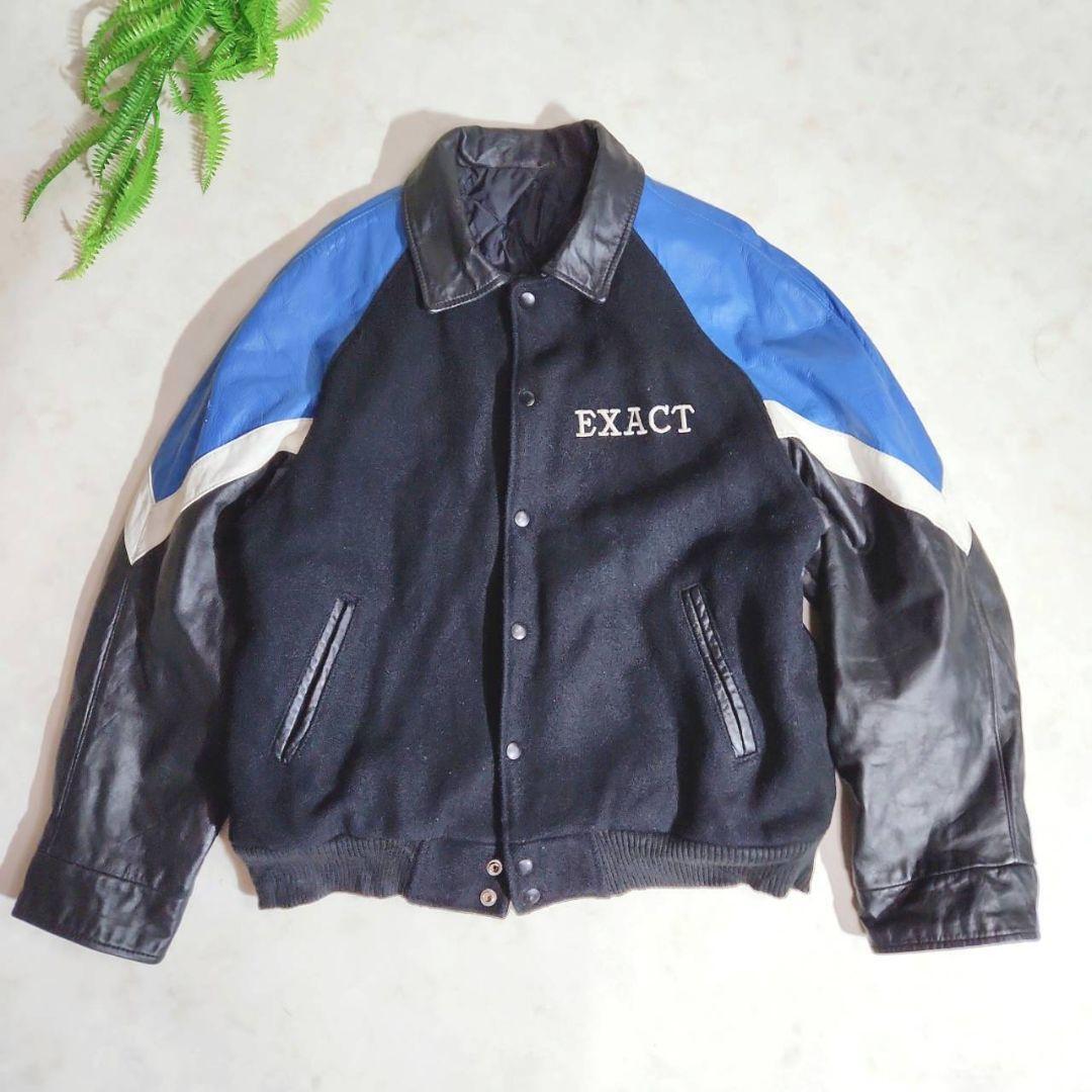 USA古着・襟つきスタジャン・袖レザー・メルトン・中綿キルティング 黒 青 アメリカ古着 68216拍卖
