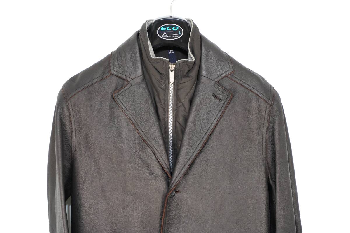 希少XSサイズ!!! Zegna ゼニア 脱着式ベスト内蔵リアルレザージャケット 本革レザージャケット 茶 ブラウン拍卖