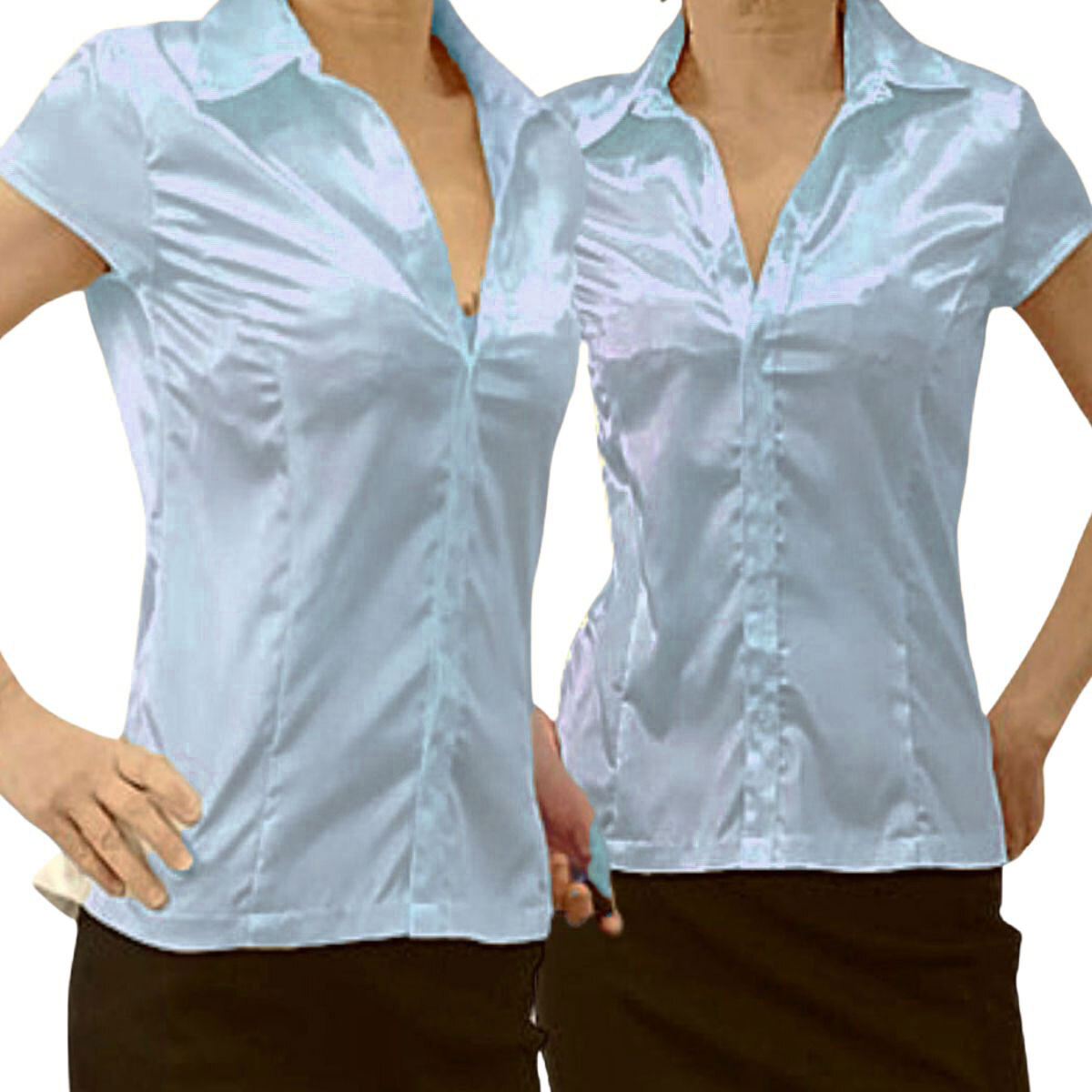 サックス 半袖ブラウス レディース 半袖ブラウスオフィス フレンチスリーブ サテン 光沢 胸の谷間 SEXY 無地ブラウス OL 秘書 日本製 拍卖